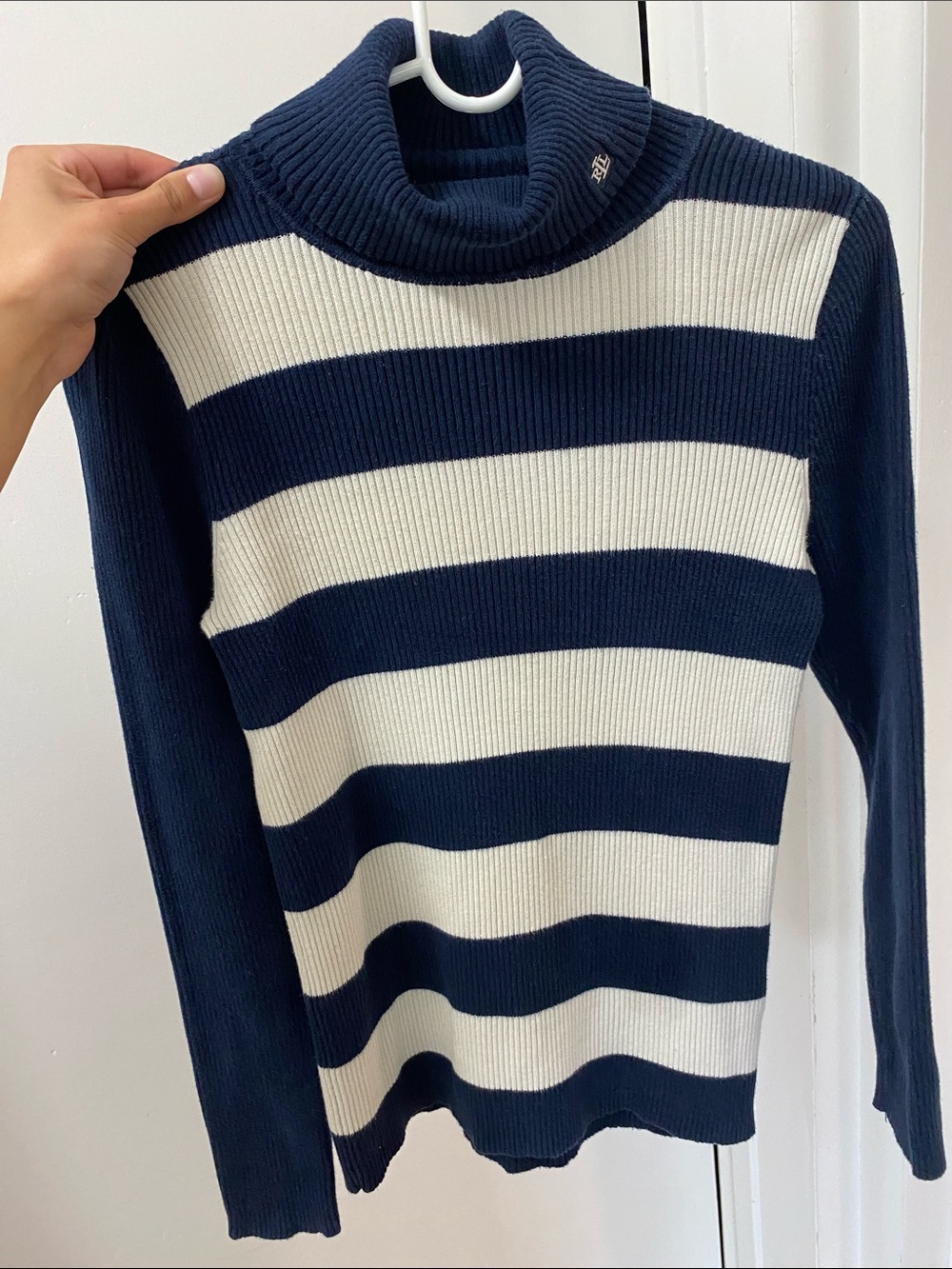 Lauren Ralph Lauren Navy & White Ribbed Stripe Turtleneck Sweater